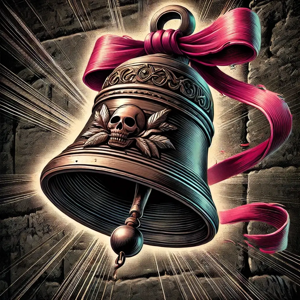 A detailed close-up of an old bell in motion, ringing, attached to a stone wall. The setting is dark fantasy with a pin-up style twist. The bell is vintage, possibly made of copper or iron, adorned with a skull and a vibrant pink ribbon. The focus is solely on the bell and the wall, with no additional elements. The bell is in dynamic motion, with visible motion lines or traces to emphasize the ringing. The wall is textured stone, adding a rustic look. The overall style is more illustrated, with a touch of whimsy, fitting a Halloween pin-up theme.