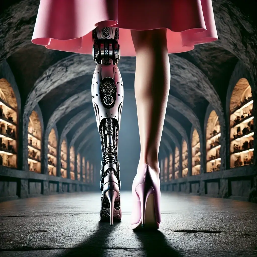 Close-up of a woman's feet walking forward, viewed from behind in a dark crypt. Her right foot is human, wearing a high pink matte stiletto, and her left leg, which is mechanized, shows only the back of her heel with mechanical toes visible, including an elegant sixth mechanical toe, slightly bent and pressing against the ground. The dark atmosphere of the crypt is emphasized by the stone walls surrounding her. Far ahead in the distance is a blurred stone table, barely visible due to the distance and slight blur, adding mystery to the crypt setting. The pink dress extends over both the human and mechanical leg, creating a seamless appearance. The woman has a curvier figure, with legs that are not too slender, creating a balanced contrast between human softness and robotic power.