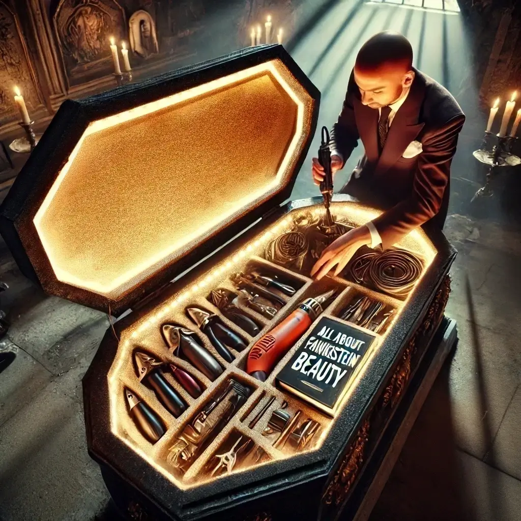 In a gothic, old cemetery, there is a crypt converted into a beauty salon for the undead. The counter is a massive stone sarcophagus, with glamorous beauty tools inside, including a stylish angle grinder, soldering wires, spare faces, and extra eyes, along with a book titled 'All About Frankensteins Beauty' in English. The sarcophagus is glowing from the inside, creating an eerie yet glamorous atmosphere, blending elements of pin-up and dark fantasy. The focus is on the sarcophagus interior and the man's hands as he opens the lid slightly from the side. The tools inside are polished and fancy, with a prominent angle grinder and other beauty tools. The scene is viewed from above, emphasizing the beauty tools, spare faces and eyes, and the glowing sarcophagus case.