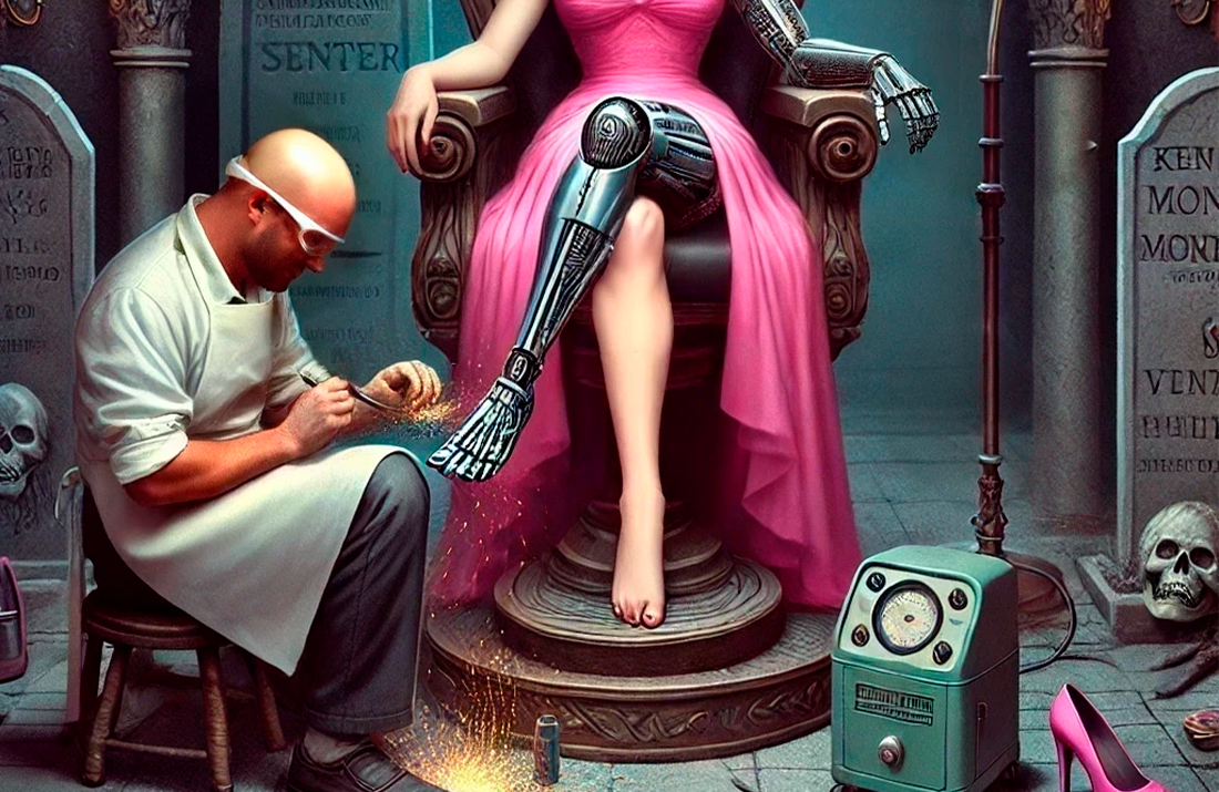 A scene set in a gothic, dark fantasy cemetery where a crypt has been transformed into a glamorous beauty salon for supernatural beings. Death, portrayed as a female character with a body split vertically: her right half is a robotic cyborg with metallic details, and her left half is human with soft, feminine features. She sits in a pedicure chair wearing a Marilyn Monroe-style pink dress with pink high heels. She has an hourglass figure with a narrow waist, large bust, and curvy hips. Her right leg, including the knee, is covered in a mechanized, metallic coating. Death's face is now also split, with the entire right half transformed into a robotic, cyborg face, while her left half remains human. Her hair is now blonde, with curlers added. A man resembling a classic Hammer Studio actor (inspired by Vincent Price) is seated in front of her, his back facing us, using an angle grinder on her foot, causing sparks to fly. He appears slightly puzzled. The scene is depicted from a top-down view, capturing gothic, eerie lighting, gravestones, and the mechanical elements with sparks flying in a pin-up art style. The setting combines dark gothic elements with glamor and absurdity.