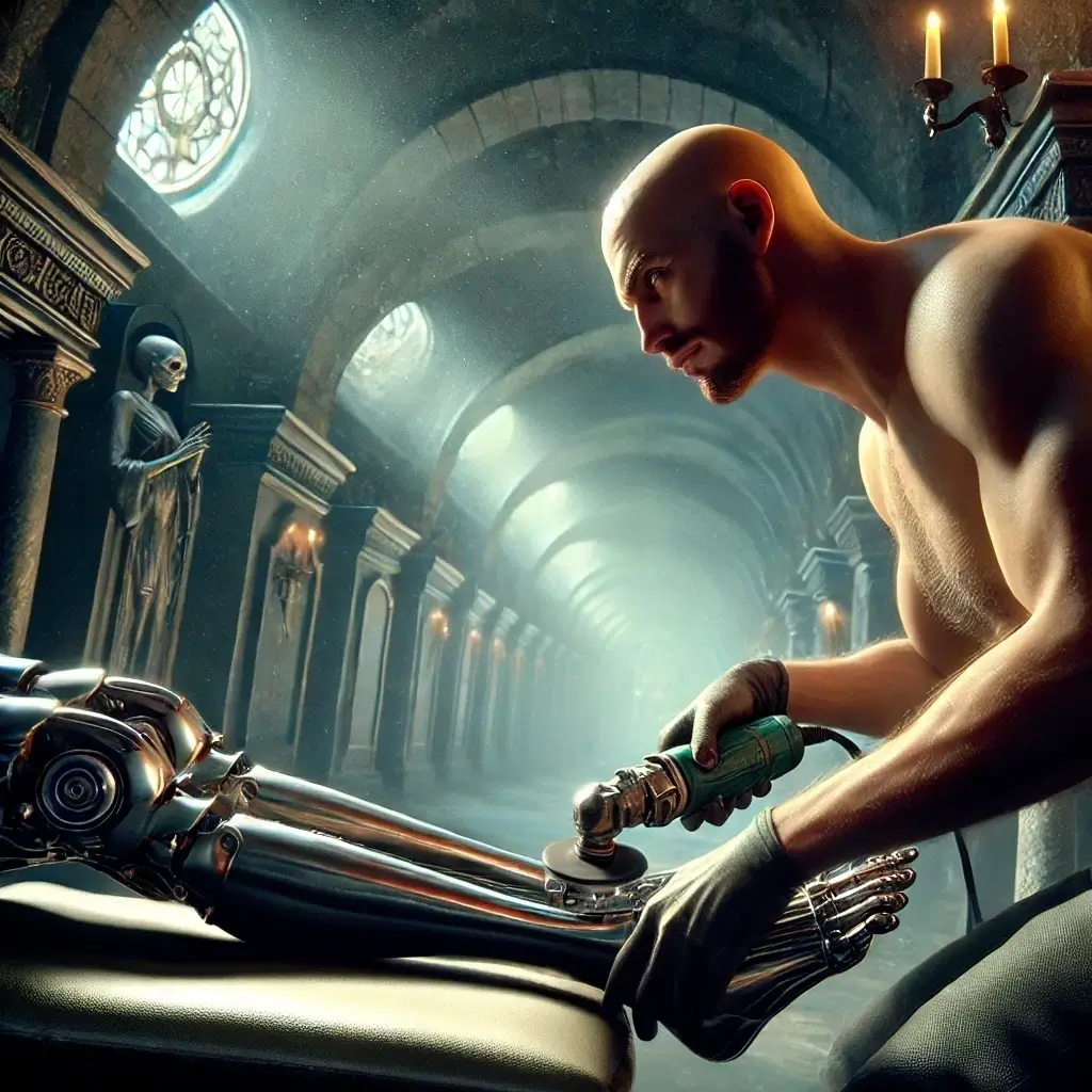 A scene set in a gothic, dark fantasy cemetery where a crypt has been transformed into a glamorous beauty salon for supernatural beings. The perspective is from Death's point of view, looking directly at the bald man as if seen through her eyes. The focus is on the man's face and Death's mechanical left leg pressed against his chest. The man's features are detailed, showing his solid, muscular build, and he is working with a grinder tool on her leg. The scene captures an intimate interaction, with the mechanical leg's metallic details prominently displayed. Gothic lighting enhances the eerie atmosphere, while the crypt and salon background is subtly blurred to keep the focus on the man and the leg. The angle conveys a dramatic, immersive experience, as if the viewer is literally looking through Death's eyes at the man in front of her.