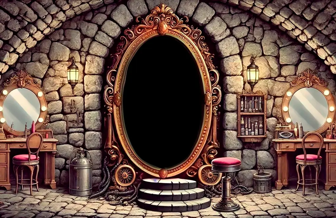 A gothic beauty salon for the undead. The mirror is now completely empty, with no female cyborg character visible. The mirror-portal is embedded in the wall, creating a mysterious, fog-like effect, but the rest of the scene remains intact. The setting is dark, gothic, and glamorous, with a pink bench and intricate surroundings, but the focus is now on the empty mirror.