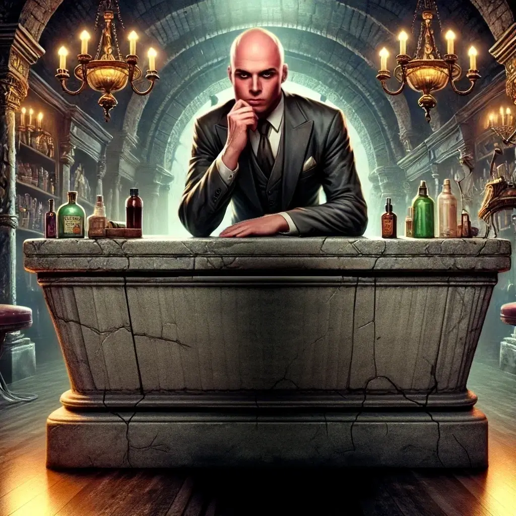 In a gothic, old cemetery, there is a crypt converted into a beauty salon for the undead. The counter is a massive stone sarcophagus, and behind it stands a muscular man with a bald, slightly younger, and more handsome elongated villainous face, with a narrower face and a more predatory gaze, leaning thoughtfully on the sarcophagus, staring intently at Death, who has come in for a pedicure, creating a tense yet absurd atmosphere. Behind him are various bottles and tools, including large scissors and an angle grinder, adding to the dark humor. The setting is dark fantasy with glamorous elements, such as flickering chandeliers and luxurious decor, drawn in a pin-up art style. The man stands behind the sarcophagus counter. The scene is viewed from the front, focusing on the man behind the sarcophagus counter, with a sense of tension and evaluation in the air.