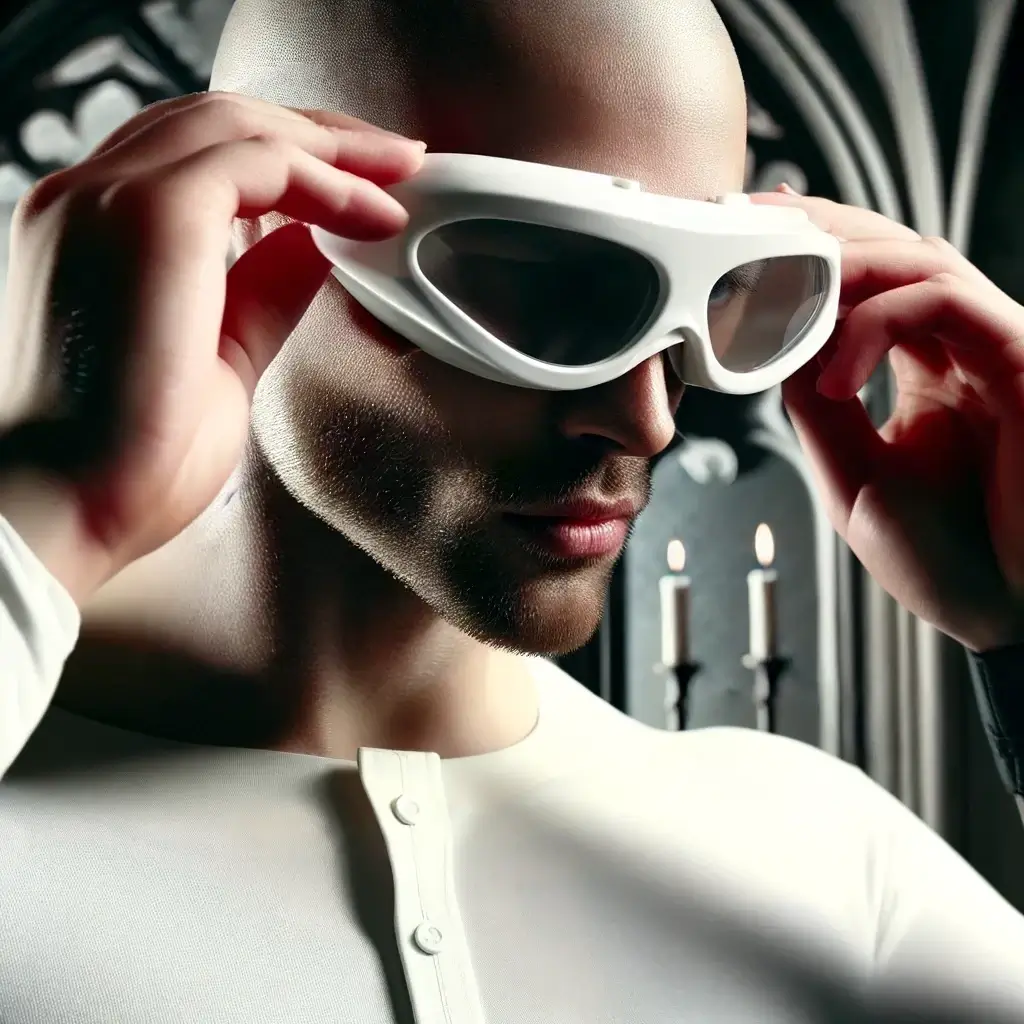 A close-up of a bald, muscular male character in a gothic, dark fantasy setting, as he puts on fully white protective goggles, resembling ordinary work goggles for chainsaw use. He is now wearing a white shirt, and any extra elements have been removed. His hands are bare, actively adjusting and putting the goggles onto his face. The lenses are joined as a single piece, and the goggles have a simple design without extra elements. The background features gothic arches with an eerie atmosphere, combining dark fantasy and a hint of glamour. The focus is on his confident and precise action of putting on the white goggles, with shadows and subtle lighting enhancing the mysterious and elegant tone of the scene.